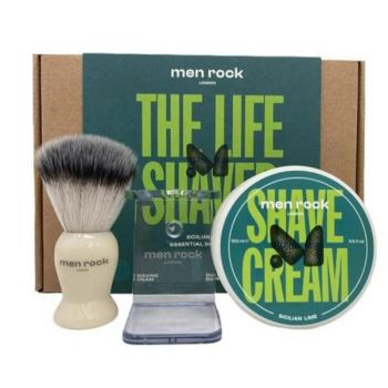 Set cadou pentru barbierit Men Rock The Life Shaver - Sicilian Lime (crema de ras 100 ml + pamatuf + suport pamatuf)