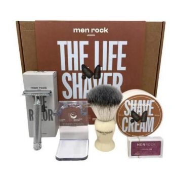 Set cadou pentru barbierit Men Rock Ultimate Classic Shaving Gift Set - Sandalwood ( crema de ras 100 ml + pamatuf + aparat de ras + suport pentru pamatuf )