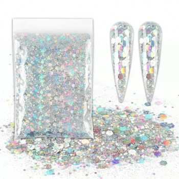 Paiete Nail Art Marimi Diferite Silver Holographic 50gr - Everin